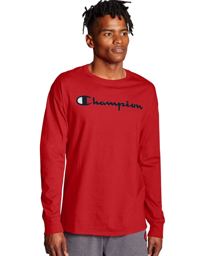 Champion Mens T-Shirt NZ - Classic Long-Sleeve Script Logo Red ( 7438-HDUGB )